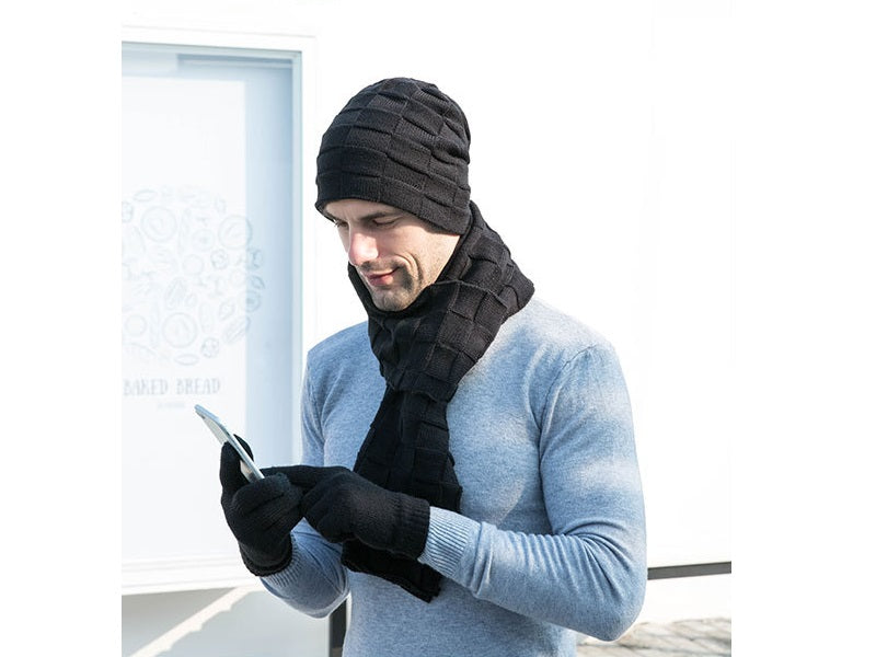 Black Unisex Warm Winter Knit Ski Hat Beanie With Scarf And Glove