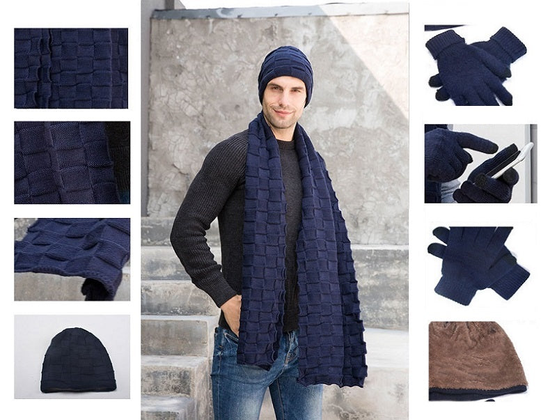 Black Unisex Warm Winter Knit Ski Hat Beanie With Scarf And Glove