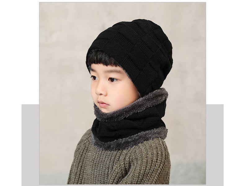 Black Kids Warm Winter Knit Ski Hat Beanie Neck Warmer With Glove