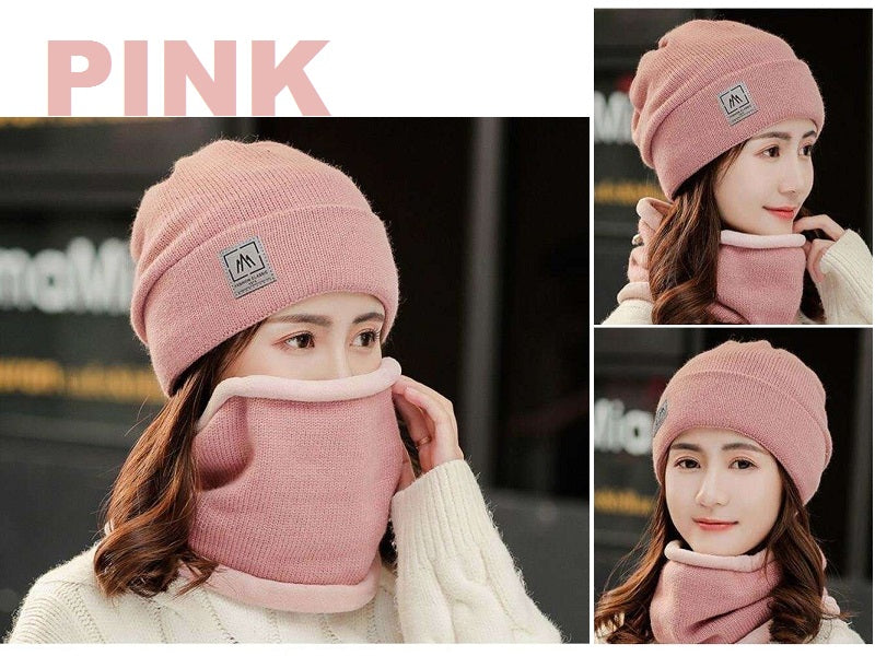 PINK Women Warm Winter Knit Ski Hat Beanie With Neck Warmer