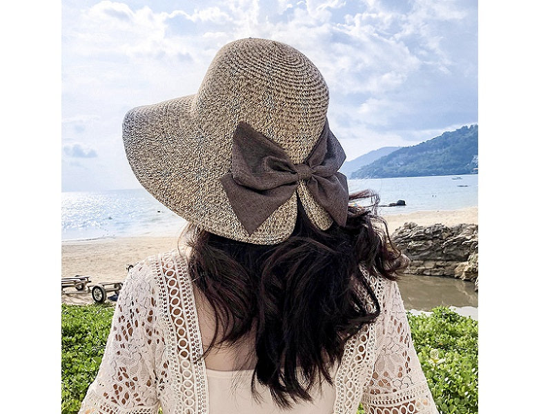 Navy/Khaki- Women Lady Sun Straw Hat Wide Brim Floppy Derby Summer Beach Cap Bow