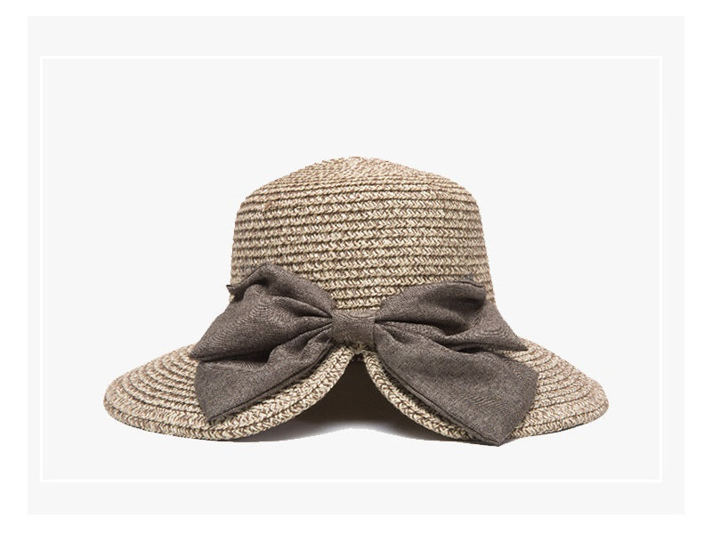 Navy/Khaki- Women Lady Sun Straw Hat Wide Brim Floppy Derby Summer Beach Cap Bow