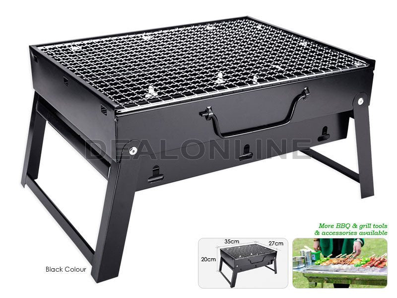 Portable Briefcase-Size Charcoal BBQ Stove Grill - BLACK