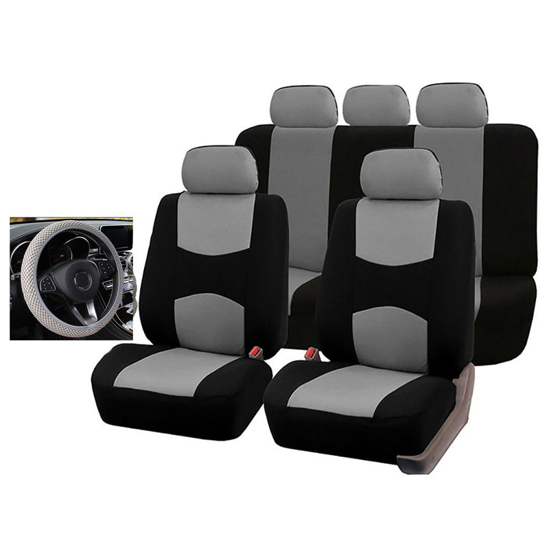 Car Seat Cover 5 Seater Front Rear Cushion Mat Polyester Steering Wheel Cover