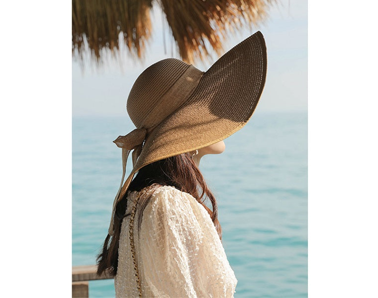 KHAKI- Women Lady Sun Straw Hat Wide Large Brim Floppy Derby Summer Beach Cap