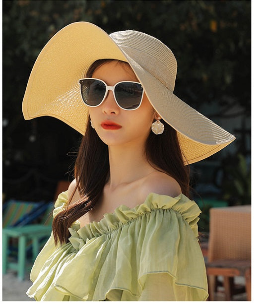 BEIGE - Women Lady Sun Straw Hat Wide Large Brim Floppy Derby Summer Beach Cap