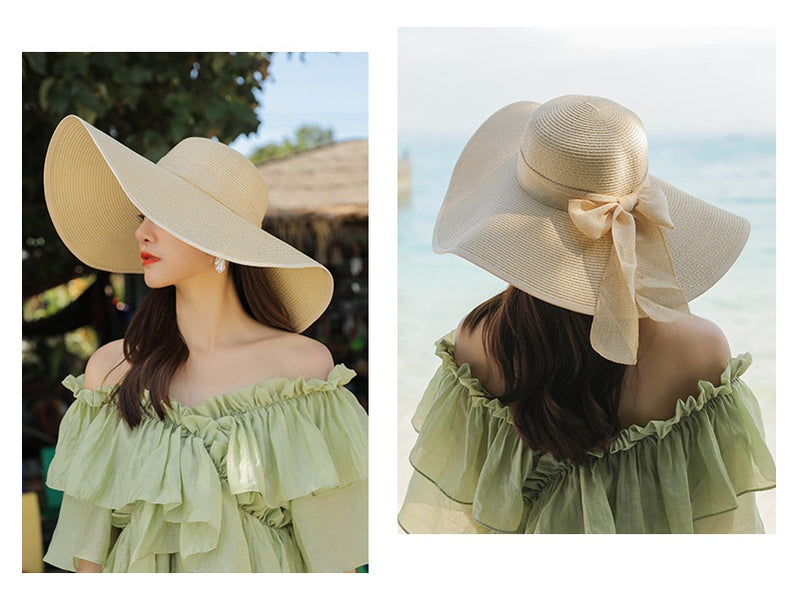 BEIGE - Women Lady Sun Straw Hat Wide Large Brim Floppy Derby Summer Beach Cap