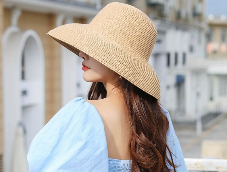 Sun Straw Hat Wide Brim Floppy Derby Summer Beach Cap - BROWN