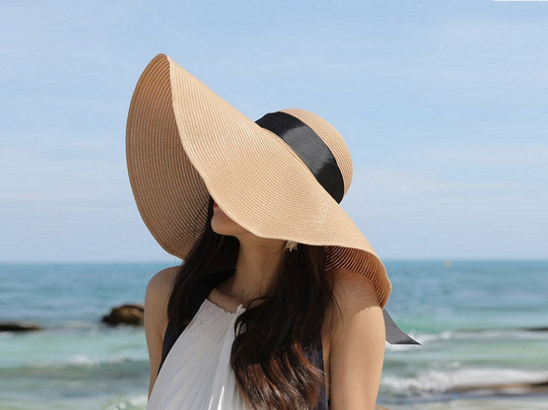 GREY- 16cm Wide Brim Women Lady Sun Straw Hat Floppy Derby Summer Beach Cap