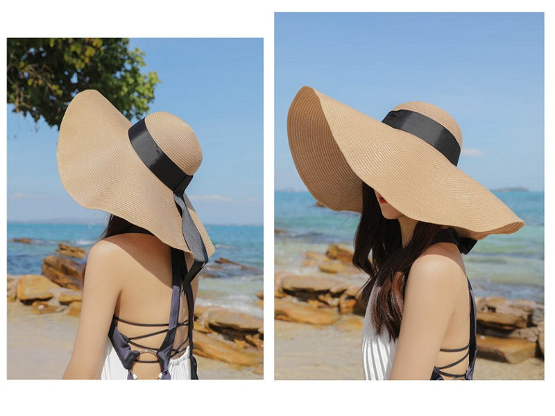 GREY- 16cm Wide Brim Women Lady Sun Straw Hat Floppy Derby Summer Beach Cap