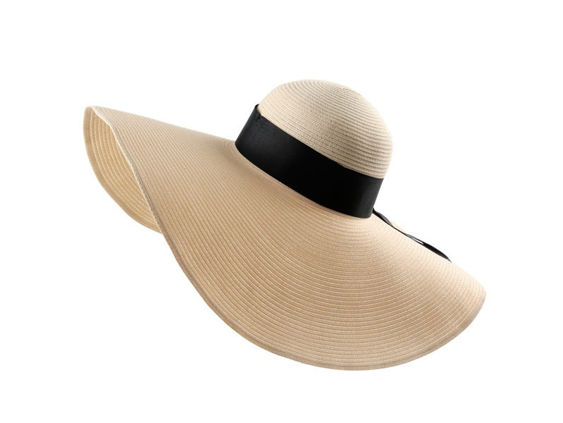 GREY- 16cm Wide Brim Women Lady Sun Straw Hat Floppy Derby Summer Beach Cap