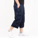 3/4 Cotton Cargo Short Pants Casual Loose Fit Outdoor Shorts Elastic Waist
