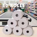 Dealonlinenz thermal receipt paper rolls, 80mm x 80mm size, 65m length, showing stacked rolls with printed receipts