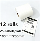 12 rolls of premium 100x200mm direct-thermal self-adhesive labels, 250 labels per roll, ideal for shipping and packaging.