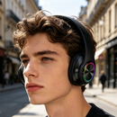 Dealonlinenz wireless Bluetooth headset with foldable stereo earphones, LED lights, black design, ergonomic fit, and high-quality sound.