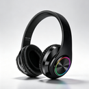 Dealonlinenz black wireless Bluetooth foldable stereo headphones with LED lights, over-ear design, and built-in microphone.