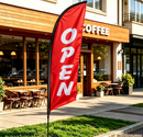 Dealonlinenz double-sided 'OPEN' flag, 3.4m tall, with ground drill for outdoor display, weather-resistant fabric, and sturdy pole.
