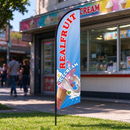 Double-sided feather flag for business advertising featuring colorful real fruit ice cream images on a dealonline.co.nz promotional flag.