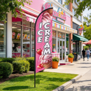 Double-sided feather banner flag with ice cream print for business promotions, featuring vibrant colors and promotional design.