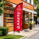 Double-sided feather banner flag for bakery promotions, featuring vibrant design and sturdy pole from dealonline.co.nz.