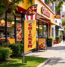 Double-sided feather banner flag with fried chicken design, ideal for business promotions, branded by dealonline.co.nz.
