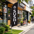 Dealonlinenz sushi-themed 3.4m ground drill flag with feather banner for commercial outdoor advertising display.