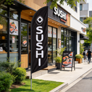 Dealonlinenz sushi-themed 3.4m ground drill flag with feather banner for commercial outdoor advertising display.