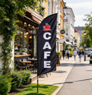 Double-sided CAFE-BLACK feather banner flag by dealonlinenz, 3.4m tall, showcasing vibrant design for outdoor advertising.