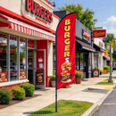 Double-sided feather banner flag with "BURGER" branding, ideal for business promotions, featuring vibrant colors and lightweight design.