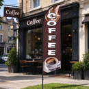 Coffee brown double-sided feather banner flag for business advertising, featuring promotional design by dealonline.co.nz.
