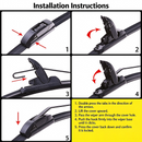 Universal frameless windscreen wiper blade, 14-28 inches, J hook type, designed for clear visibility in all weather conditions.