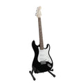 Glossy black electric guitar MS-100/BK with sleek finish and six strings, close-up view highlighting the instrument's body and hardware.