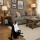 Glossy black electric guitar with sleek body and six strings, ideal for music enthusiasts and performers.