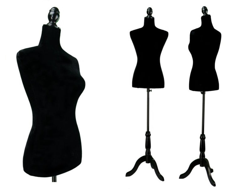 HALF BODY MANNEQUIN WOODEN Style STAND VELVET SURFACE - Black