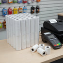 Bulk pack of 100 dealonlinenz thermal Eftpos paper rolls measuring 57x38mm for POS terminals, showing rolls stacked in a box.