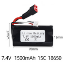 Dealonlinenz 7.4V 1500mAh Li-ion rechargeable battery for RC cars, shown with connectors and label on the battery pack.