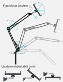 Adjustable tablet floor stand with double weight base and overhead bed mount, ideal for hands-free viewing and easy height adjustment.