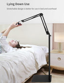 Adjustable tablet floor stand with double weight base and overhead bed mount, perfect for hands-free device use.
