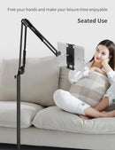 Adjustable tablet floor stand with double weight base and overhead bed mount for hands-free device use.