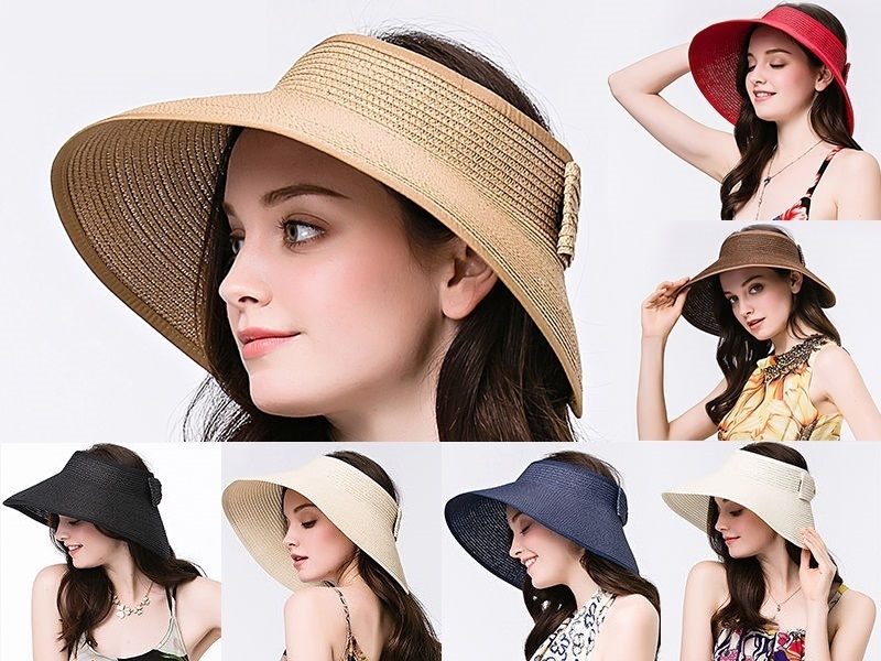 BROWN Foldable Roll Up Sun Beach Straw Visor Hat Summer Kid Wide Brim Cap