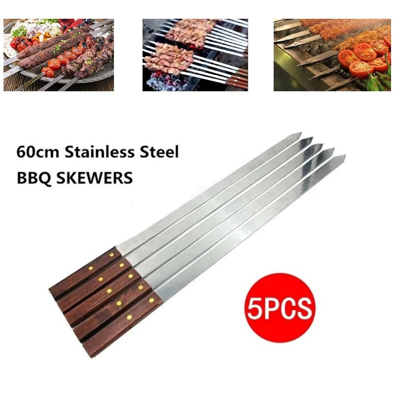 5 x BBQ Skewer Kabob Kabab Plain Medium Classic Flat wooden handle 59CM length