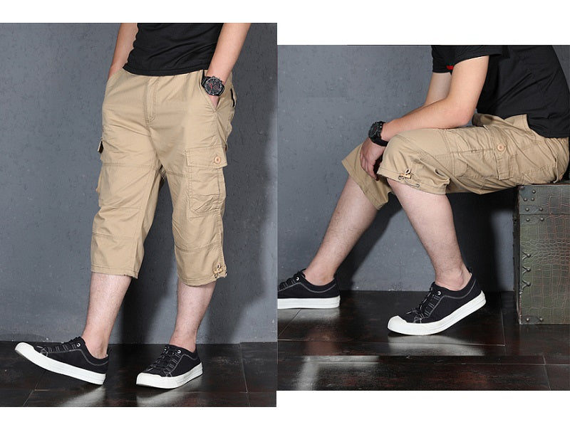 Men's 3/4 Cotton Cargo Short Pants Casual Loose Fit Outdoor Capri Long Shorts