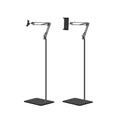 Adjustable tablet floor stand with double weight base and overhead bed mount, suitable for hands-free use and easy height adjustment.