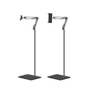 Adjustable tablet floor stand with double weight base and overhead bed mount, suitable for hands-free use and easy height adjustment.