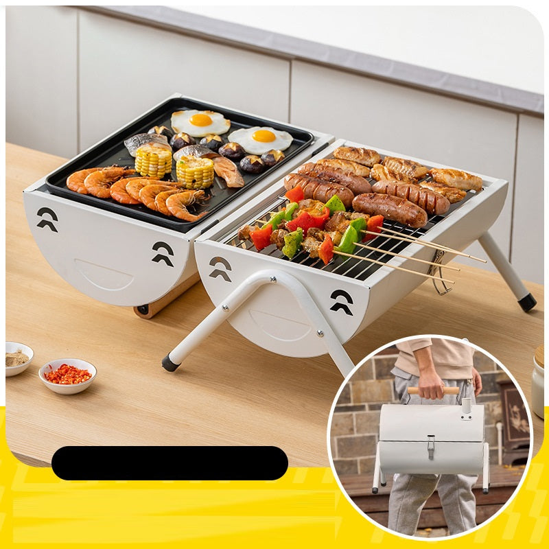 Portable Charcoal Grill Smoke Barbecue Grill Lockable Lid Wooden Handle