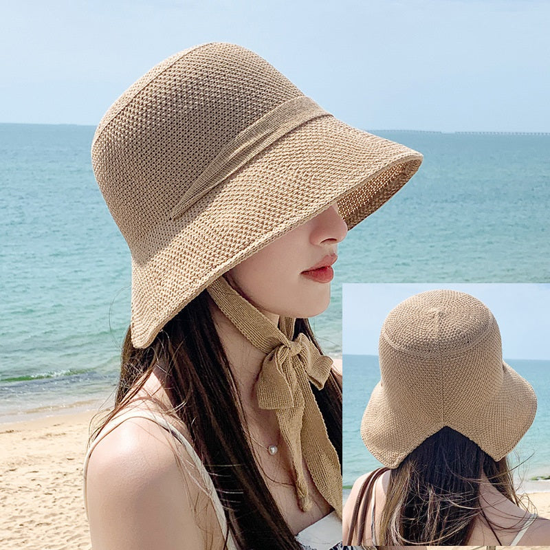 BEIGE Women Lady Sun Straw Hat Wide Brim Floppy Derby Summer Beach Cap