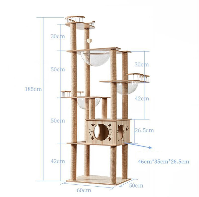 185cm Modern Multi-Level Large Real Solid Wood Cat Tree, Luxury Wooden Cat Tower