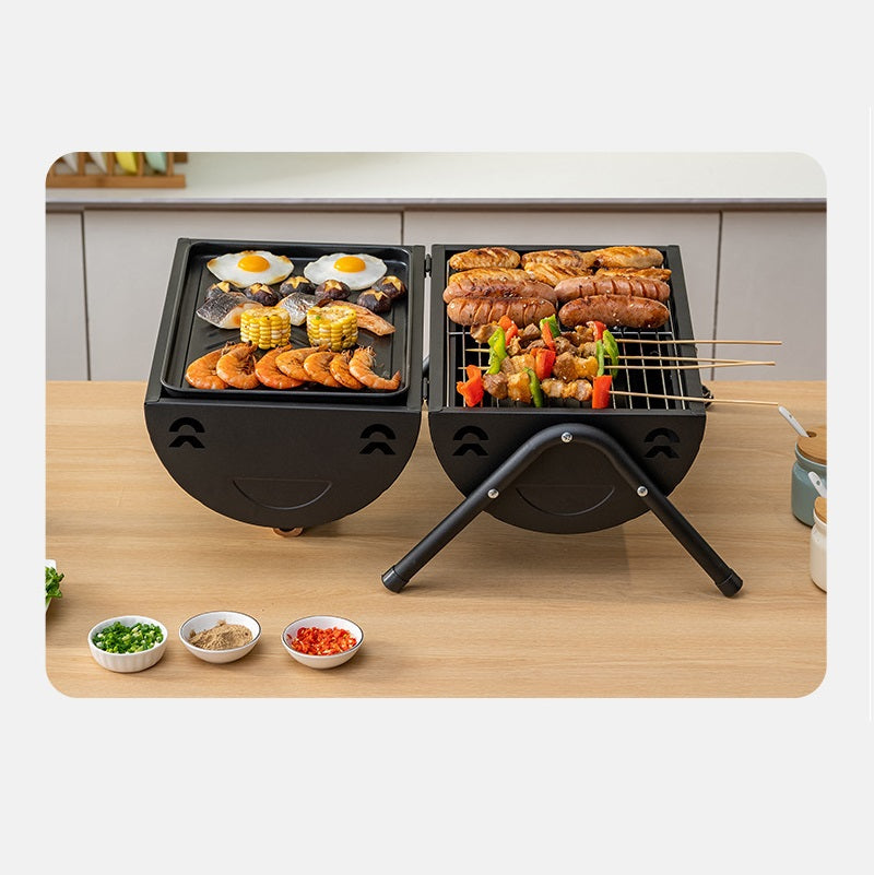 Portable Charcoal Grill Smoke Barbecue Grill Lockable Lid Wooden Handle