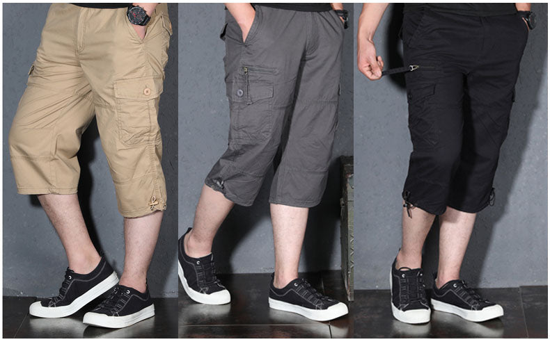 Men's 3/4 Cotton Cargo Short Pants Casual Loose Fit Outdoor Capri Long Shorts