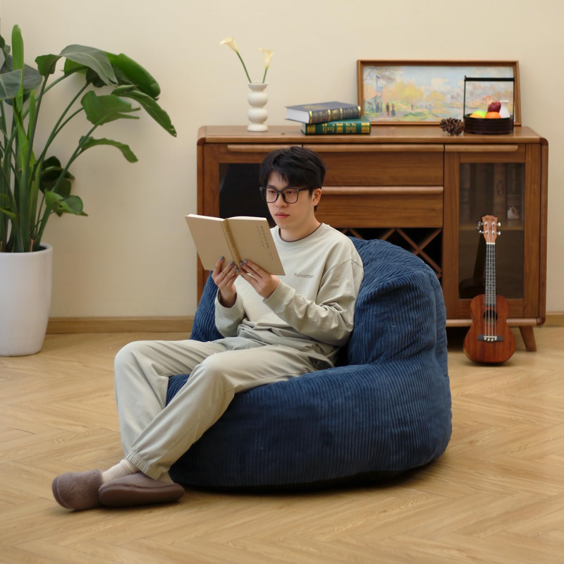 Corduroy Single Sofa with Wide Backrest Navy Blue